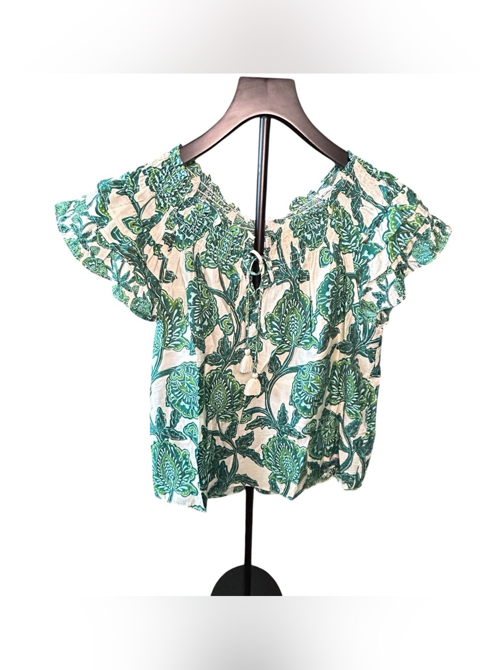 Rose & Olive Cream Blouse with Green Botanical Print and Tassel Tie